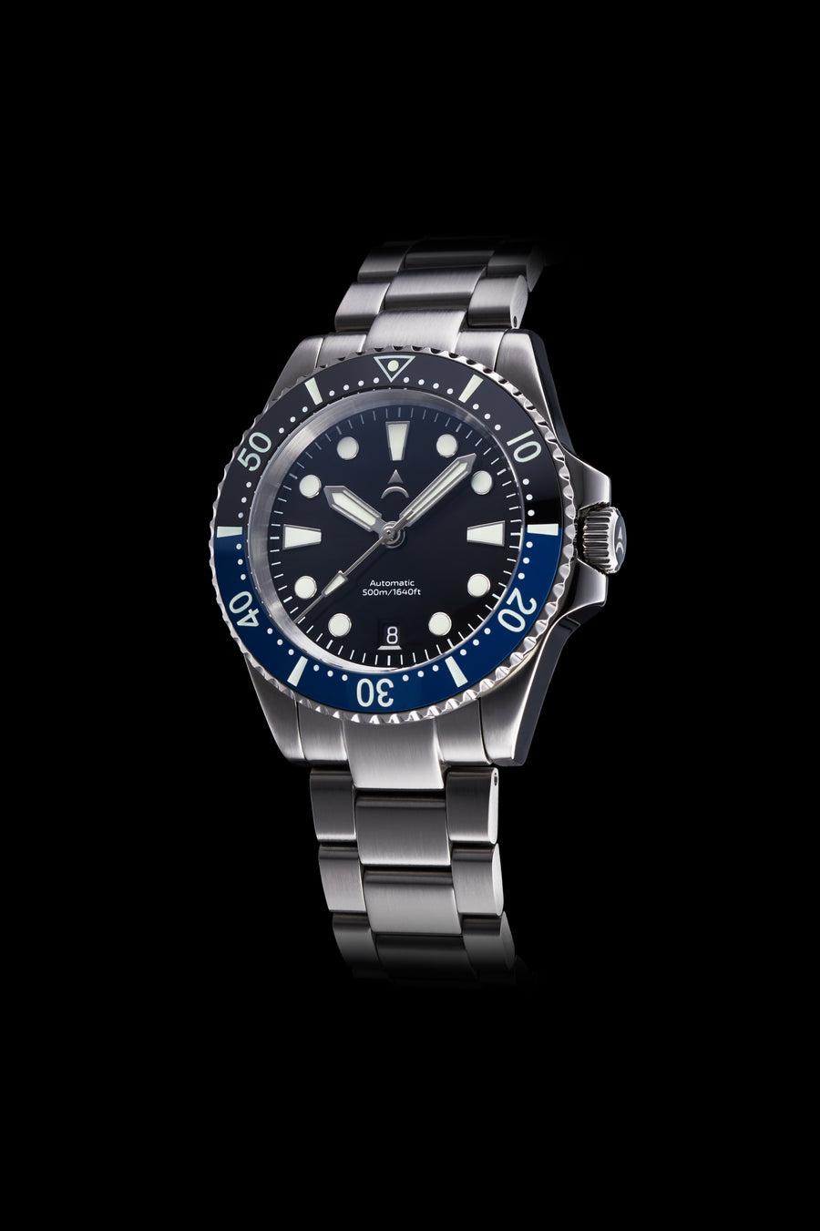 The Axios Ironclad Ocean Gulf features a blue-black ceramic bezel with a black sunburst dial and finished with double domed Sapphire crystal glass.