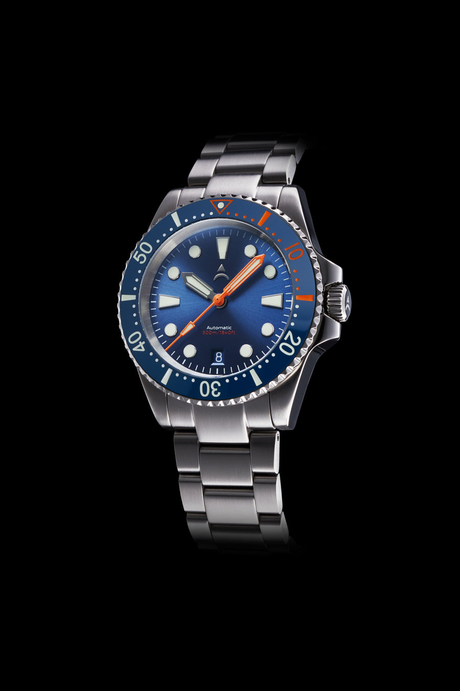 The Axios Ironclad Horizon features a blue sunburst dial and orange accents on its ceramic bezel that is finished with double domed Sapphire crystal glass.