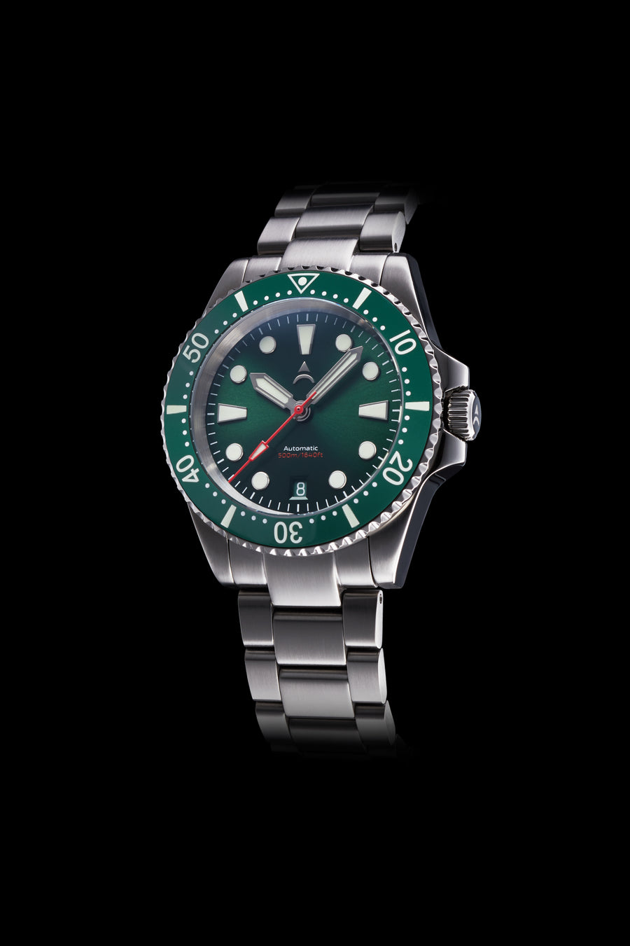 The Axios Ironclad Northern Sky features a green sunburst dial and deep green ceramic bezel that is finished with double domed Sapphire crystal glass.
